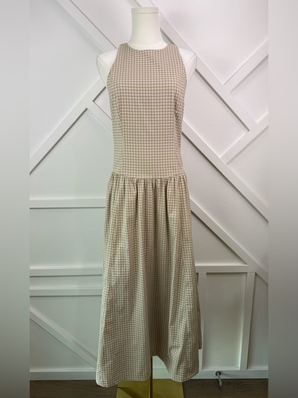 NWT Abercrombie & Fitch High Neck Drop Waist Midi Dress Light Brown Check Med - Picture 2 of 12